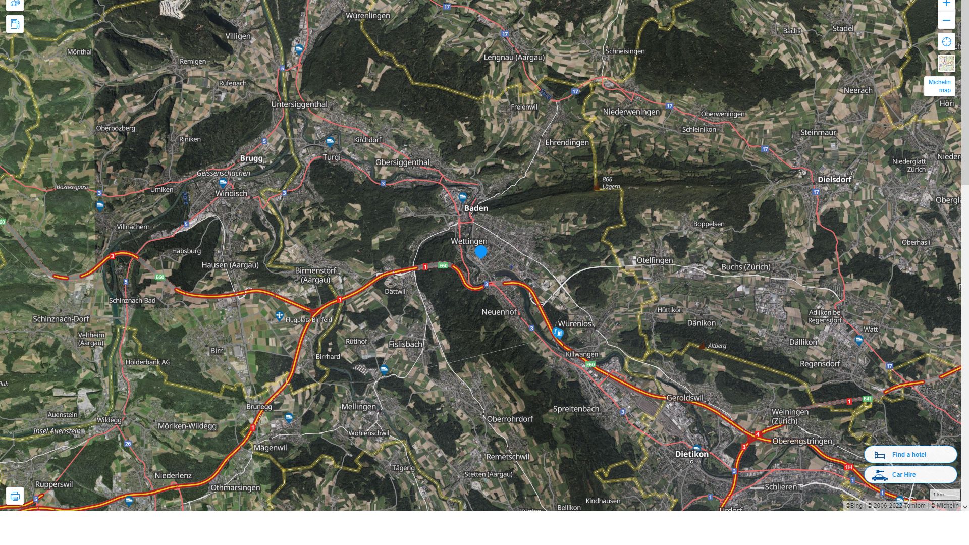 Wettingen Highway and Road Map with Satellite View